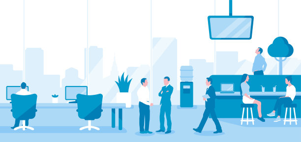 现代办公室和工人水平矢量插图图片下载