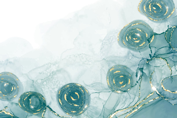 柔和的青色薄荷液体大理石水彩背景与金线和刷污渍。蓝绿色大理石纹酒精油墨绘图效果。矢量插画背景，水彩婚礼请柬。图片下载