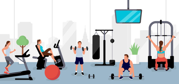 人们在健身房锻炼。水平矢量横幅插图。图片下载