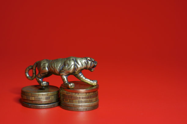 红色底色钱币老虎雕像。经济学和金融学。图片下载