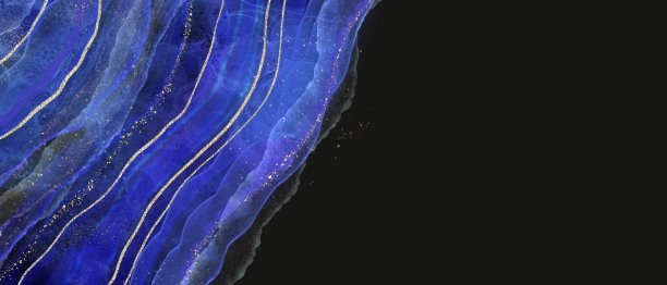 酒精水墨艺术暗抽象模板。蓝色玛瑙风格的图案在黑色背景与金色闪光和灰尘。水平的旗帜。优雅透明的大理石图片下载
