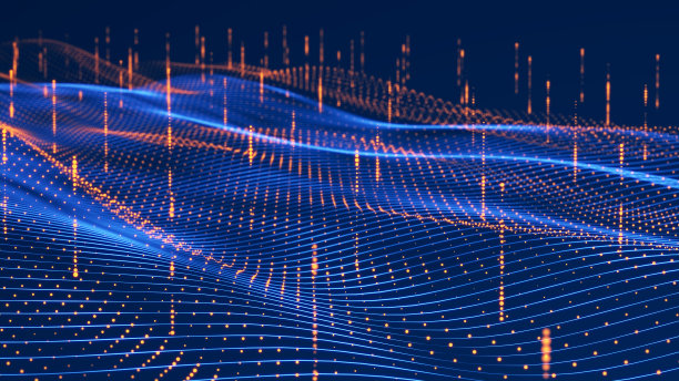 颗粒流。蓝色波背景和许多发光粒子。信息技术背景。3 d渲染。图片下载