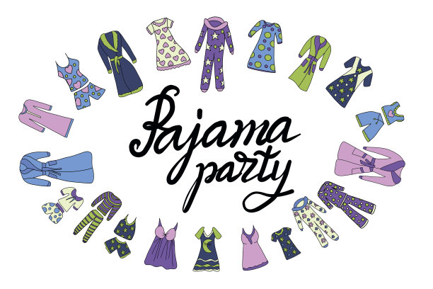 睡衣派对邀请。矢量模板儿童睡衣派对。用涂鸦风格手绘草图的插图。良好睡眠的要素。刻字睡衣派对图片下载