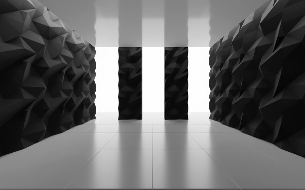 空白空间与黑色多边形抽象墙和柱三维渲染图片下载