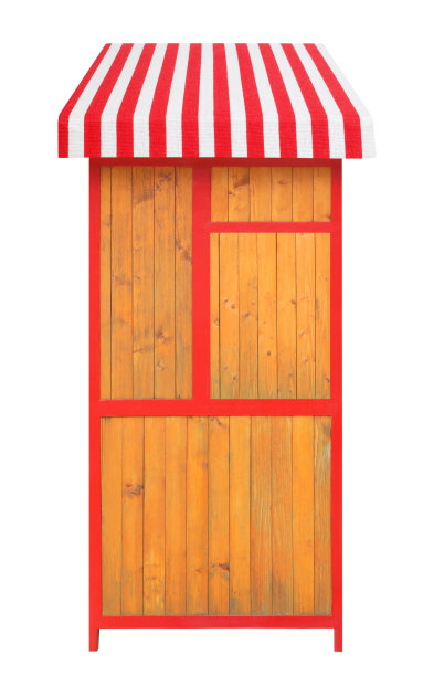 木制市场摊位，红白条纹遮阳篷。零售业务的概念。图片下载