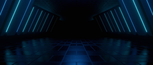 未来科技照明走廊室内设计最小浅蓝色蓝绿色横幅背景壁纸3D插画图片下载