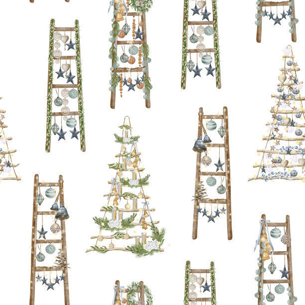 圣诞节无缝模式。灯,松果,杉树的。水彩插图。农舍圣诞树。冬天的背景图片下载