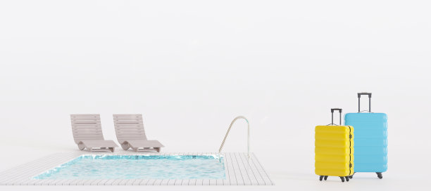 白色背景的行李箱和游泳池。假期、旅游、旅游。游客,伟大的假期。放松的时间。夫妇。彩色横幅与复制空间。3 d渲染。图片下载