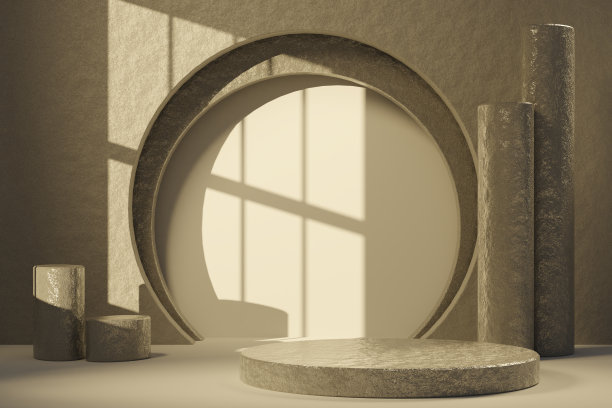 金色质感的讲台对着石膏质感的墙壁，圆形的孔阳光通过窗户。用于产品展示的3d渲染背景图片下载