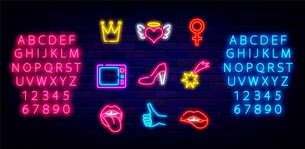 波普艺术霓虹图标集合。女人的嘴唇，鞋子和彗星。手的姿势类。向量股票插图图片下载