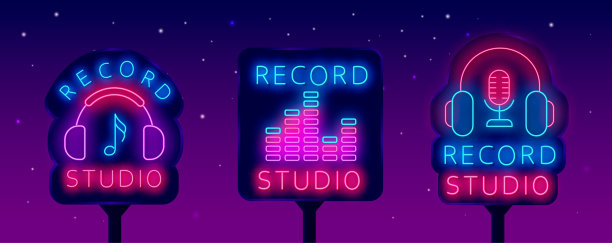 唱片工作室的霓虹灯横幅收藏。街灯广告牌设置。音乐录音徽章。向量股票插图图片下载