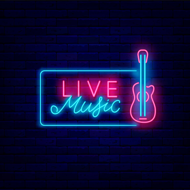 现场音乐霓虹灯招牌。会徽经典音乐会。吉他图标。夜总会派对徽章。向量股票插图图片下载