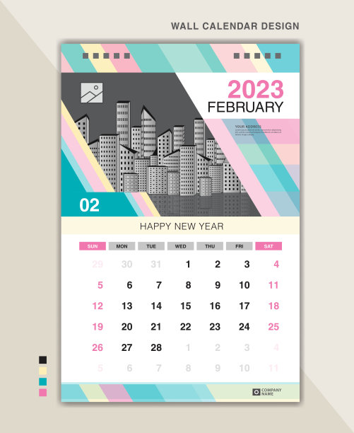 墙壁日历2023模板粉彩创意背景，2月2023布局，台历2023设计，海报，计划表，日历日期，星期开始在星期天，文具，垂直页，矢量图片下载