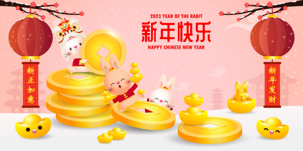 2023年春节快乐贺卡可爱的兔子用舞狮和中国硬币和金元宝，兔年生肖，宫喜发彩卡通人物孤立矢量翻译新年快乐图片下载