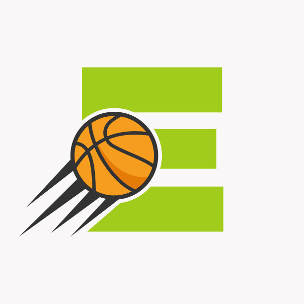 最初的字母E篮球标志概念与移动的篮球图标。篮球标志符号向量模板图片下载