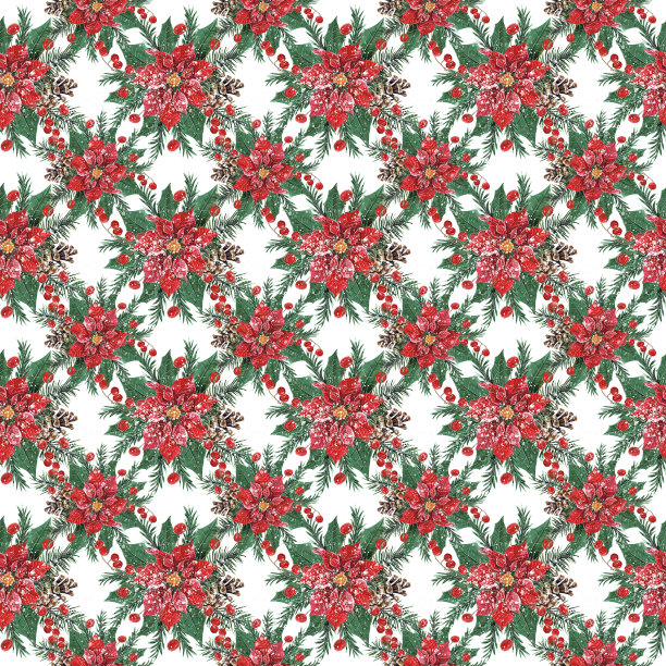 圣诞图案与水彩一品红花花束。图片下载