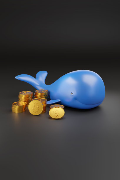 卡通鲸鱼与比特币的黑色背景。3 d演示。图片下载