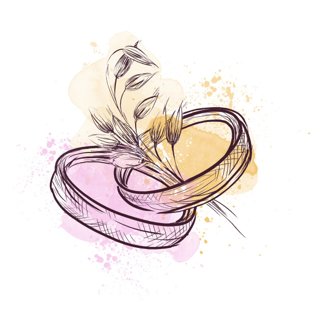 一对结婚戒指，一幅画着树枝和粉色水彩的古董素描。图片下载