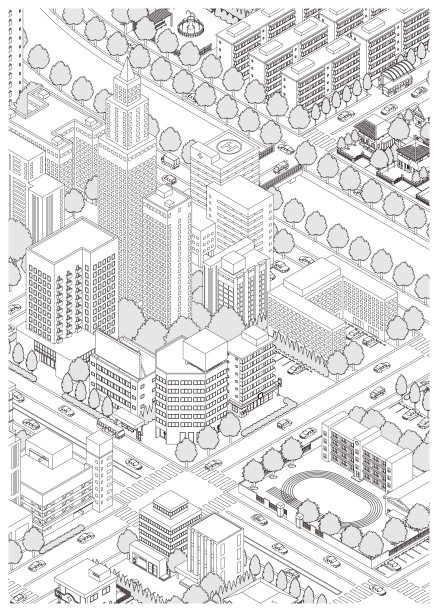 城市景观的三维视图。城市景观。线条画插图。图片下载