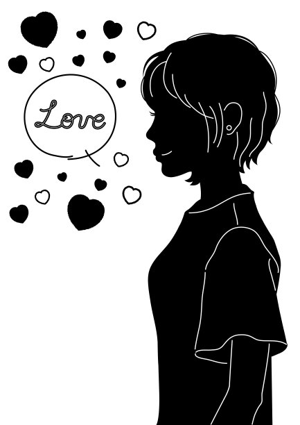 一幅黑白插图，画的是一个女人向旁边看，还有一个心形标记。图片下载