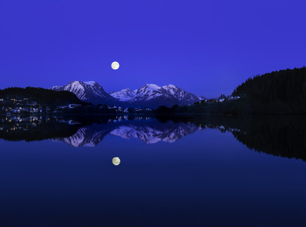 挪威山脉上的月亮倒映在湖面上图片下载