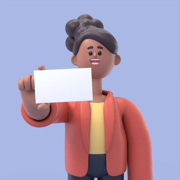 微笑的非裔美国妇女Coco展示一张空白名片的3D插图。蓝色背景的3D渲染。图片下载