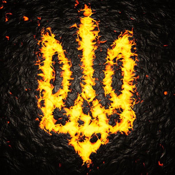 乌克兰国徽三叉戟概念。逼真的熔岩火焰tryzub图片下载