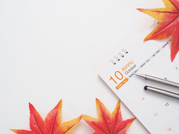 钢笔日历与枫铅顶视图白色背景复制空间秋天的概念图片下载