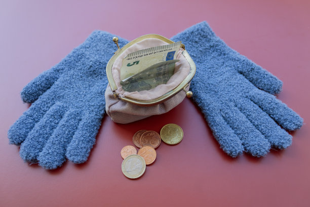 钱包与5欧元纸币之间的冬季手套图片下载