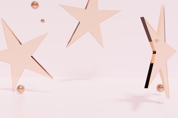 3d渲染与粉红色飞行球与玻璃星在柔和的粉红色背景图片下载