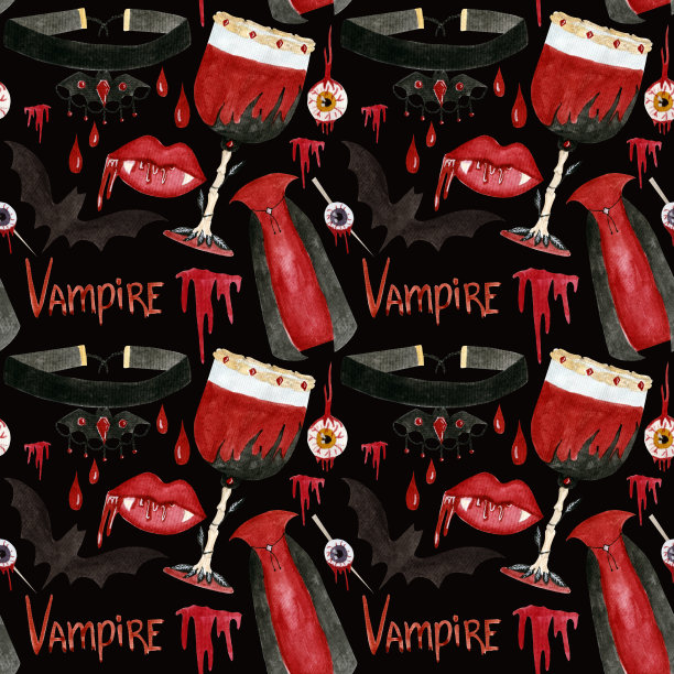 水彩无缝吸血鬼图案与斗篷，珠宝，红色饮料，蝙蝠，血腥的元素和字母在黑暗的背景。图片下载