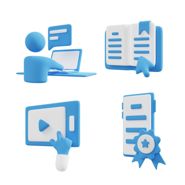 与在线学习和教育相关的3D图标。包括媒体设备和在线教育等符号。图片下载