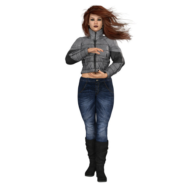 当代女性在牛仔裤与长红色风吹头发孤立的白色背景，3D渲染，3D插图图片下载