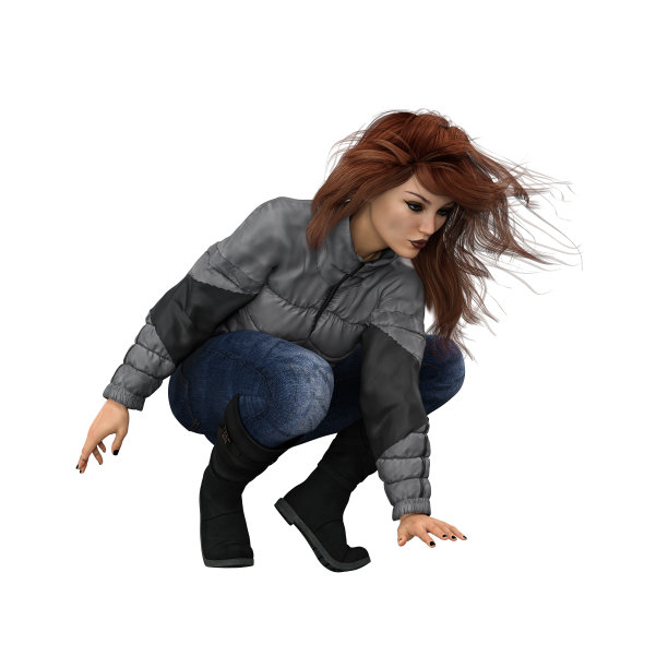 当代女性在牛仔裤与长红色风吹头发孤立的白色背景，3D渲染，3D插图图片下载