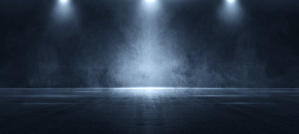 漆黑空旷的街道，深蓝色的背景，空旷的黑暗场景，霓虹灯，聚光灯沥青地板和工作室的烟雾漂浮在室内纹理。夜景图片下载