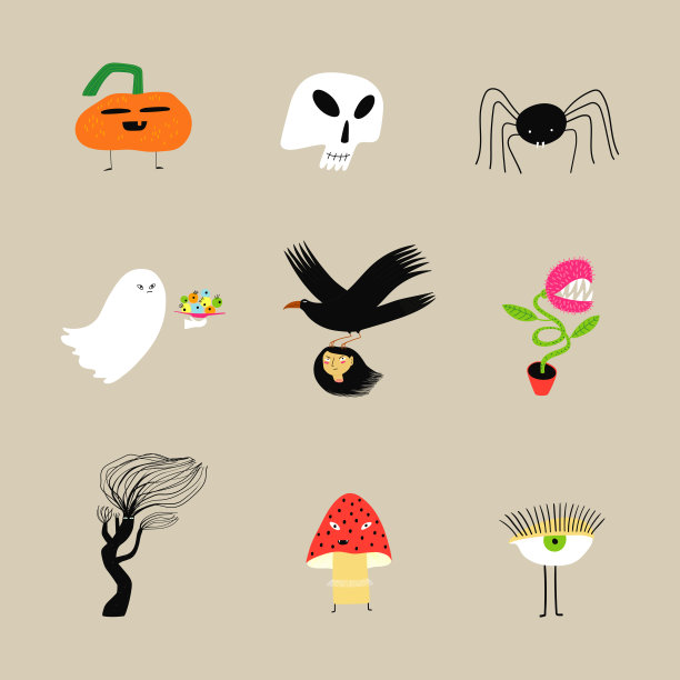 万圣节毛骨悚然的卡通人物和符号图片下载