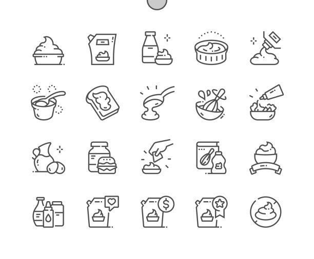 蛋黄酱调味汁。烹饪蛋黄酱，食谱和价格。食品商店、超市。咖啡厅的菜单。像素完美矢量细线图标。简单的最小的象形图图片下载