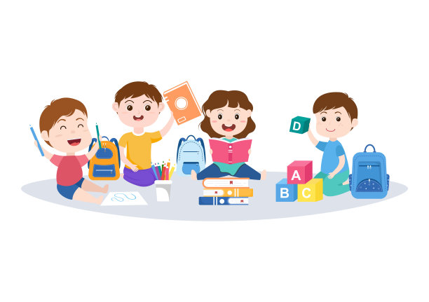 小学里可爱的小学生在教室里用手绘的平面卡通插图模板学习图片下载