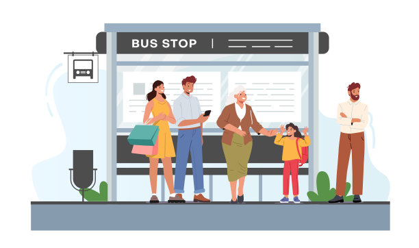 在公共汽车站等车的人，男人，女人，奶奶和孩子的人物在户外通勤运输站城市景观图片下载