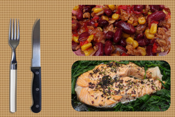 墨西哥金枪鱼拌沙拉配菠菜炸鲑鱼图片下载