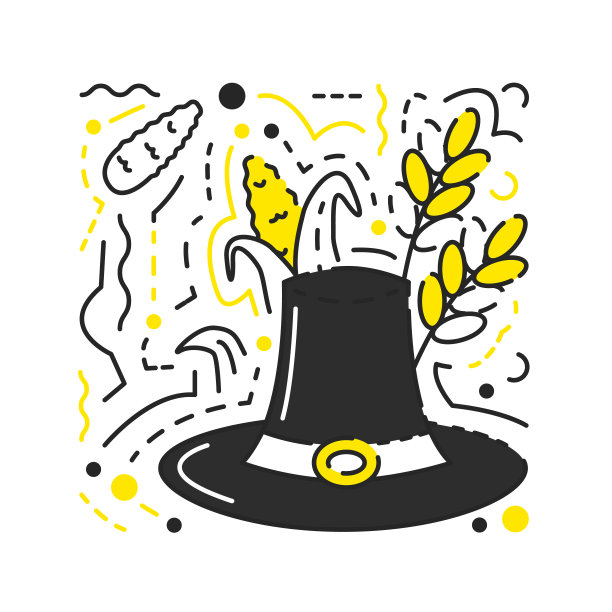 黑色朝圣者帽与玉米芯和小麦隔离图片下载