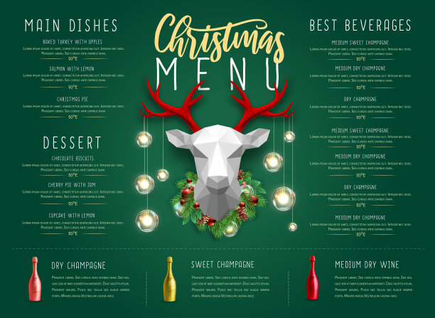 用3D纸鹿头和香槟酒瓶设计圣诞假日餐厅菜单。矢量图图片下载