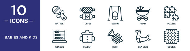 婴儿和儿童轮廓图标集包括细线拨浪鼓，摇摆，拼图，喂食器，海狮，饼干，算盘图标报告，演示，图表，网页设计图片下载