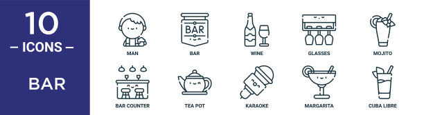 酒吧轮廓图标集包括细线男子，葡萄酒，莫吉托，茶壶，玛格丽塔，古巴自由，酒吧柜台图标报告，演示，图表，网页设计图片下载