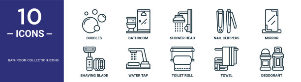 浴室的集合。图标轮廓图标集包括细线气泡，淋浴头，镜子，水龙头，毛巾，除臭剂，剃须刀片图标的报告，演示，图表，网页设计图片下载