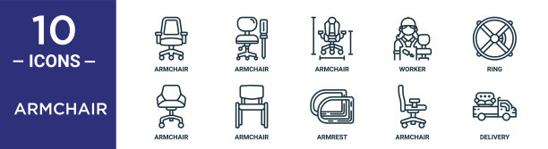 扶手椅轮廓图标集包括细线扶手椅，扶手椅，戒指，交付，图标为报告，演示，图表，网页设计图片下载