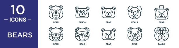 熊轮廓图标集包括细线熊，熊，熊，熊猫，图标报告，演示，图表，网页设计图片下载