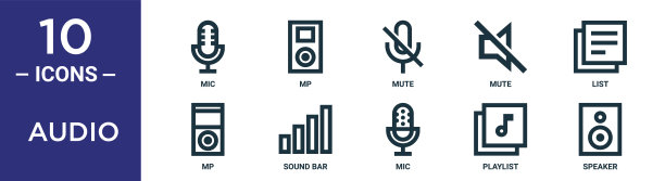 音频大纲图标集包括细线麦克风，静音，列表，声音条，播放列表，扬声器，mp图标报告，演示，图表，网页设计图片下载