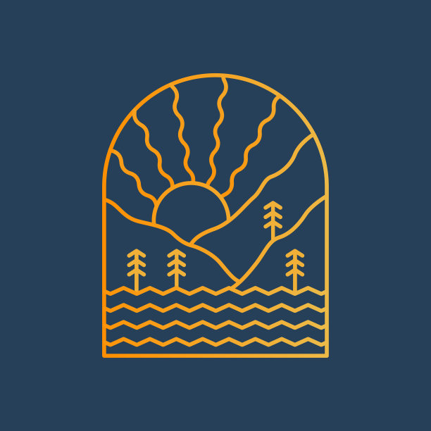 单线艺术中后面岛屿上的日落。自然设计的徽章补丁徽章t恤图片下载