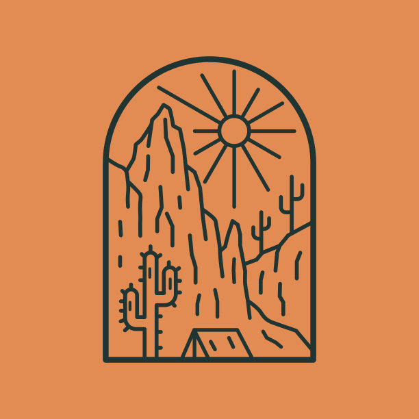 露营沙漠在单线矢量t恤，徽章，徽章等图片下载